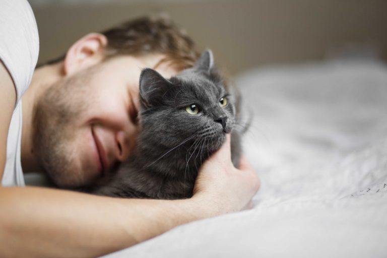 chico abraza a gato negro en la cama